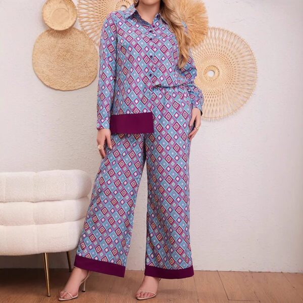 Ethnic Geometric Long Sleeve Shirt Trousers Suit - Image 4