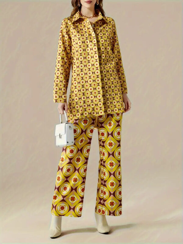 Ethnic Geometric Long Sleeve Shirt Trousers Suit - Image 6