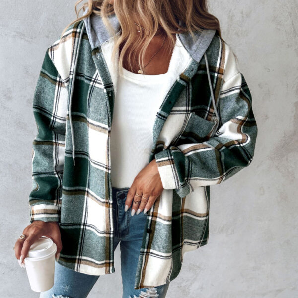 European And American Fashion Women's Wear Solid Color Plaid Hooded Jacket - Image 8