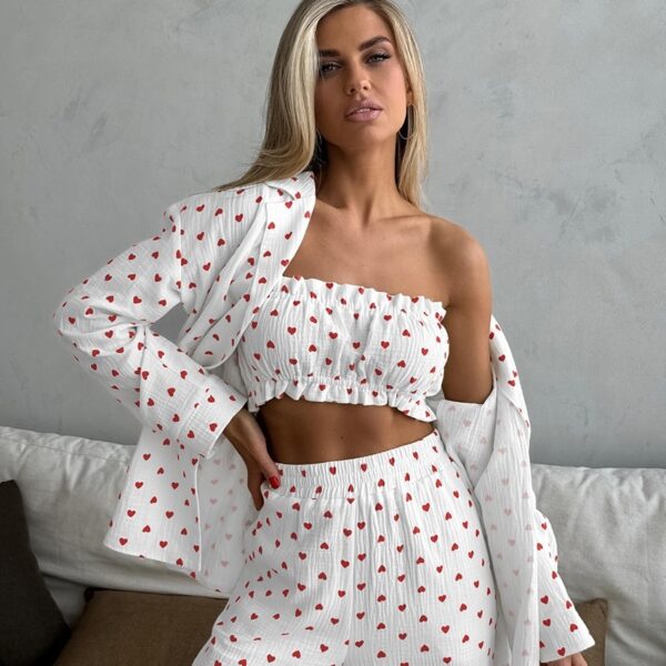 Heart Printing Cotton Pajamas Women's Long-sleeved Tube Top Trousers - Image 5