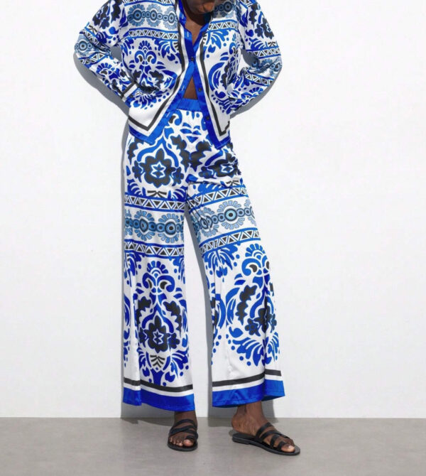 Ethnic Geometric Long Sleeve Shirt Trousers Suit - Image 5