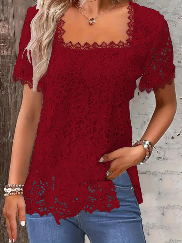 European And American Fashion Women's Wear Short-sleeved Lace Top Solid Color T-shirt - Image 3