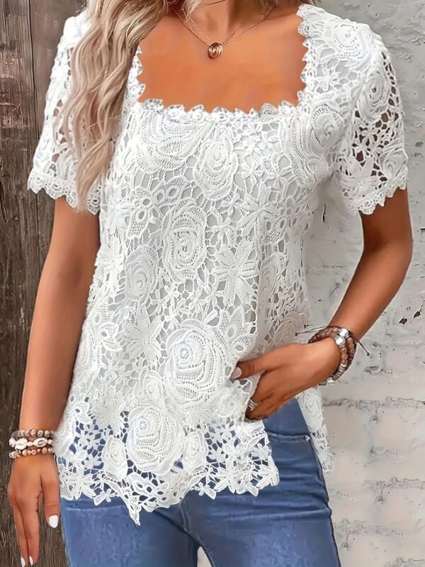 European And American Fashion Women's Wear Short-sleeved Lace Top Solid Color T-shirt - Image 6