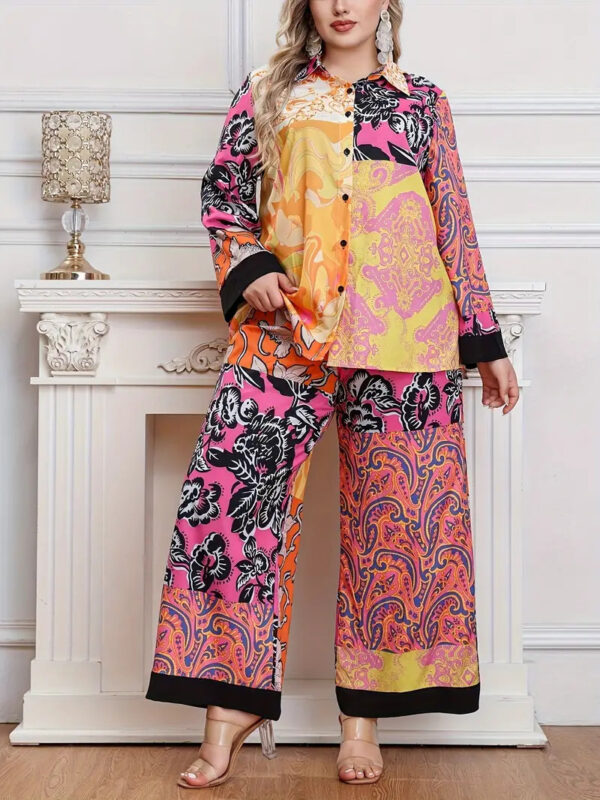 Ethnic Geometric Long Sleeve Shirt Trousers Suit - Image 2