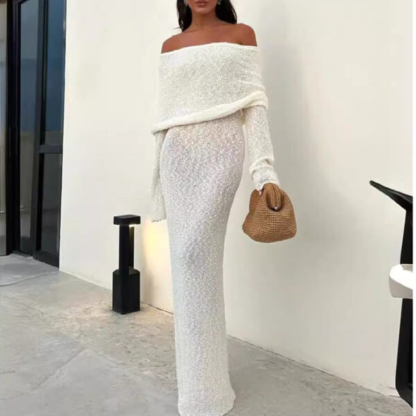 French-style One-shoulder Knitted Dress Fashion Party Beach Long-sleeved Long Dresses Fall Wainter Women's Clothing