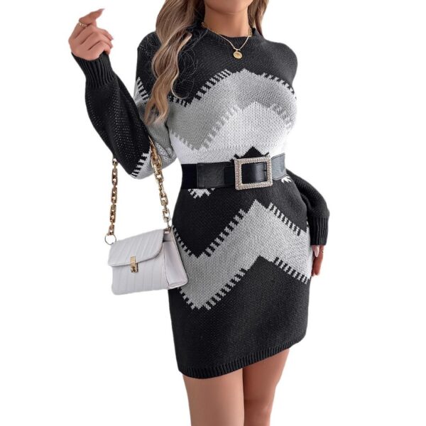 Color Matching Lantern Sleeve Sweater Dress Beauty Clothing - Image 6