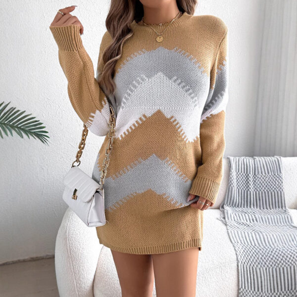 Color Matching Lantern Sleeve Sweater Dress Beauty Clothing - Image 4