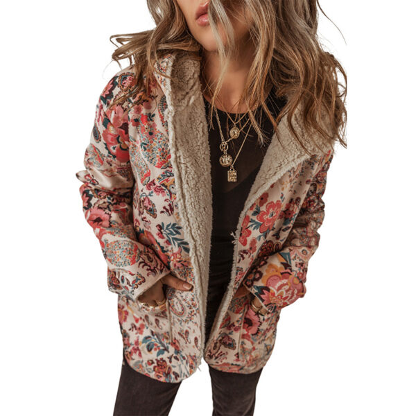 Casual Fleece Printed Long Sleeve Hooded Jacket - Image 4