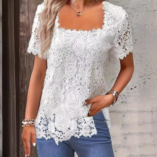 European And American Fashion Women's Wear Short-sleeved Lace Top Solid Color T-shirt - Image 8