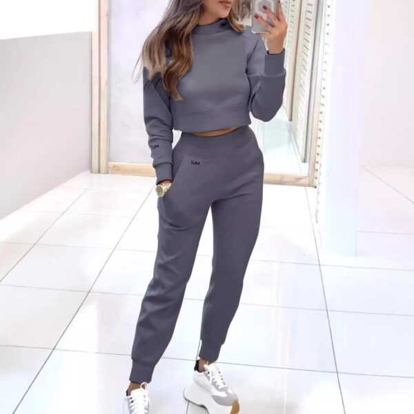 Stand Collar Sports Suit Fashion Pullover Long-sleeves Short Top And Slim Trousers With Pockets Solid Outfits Women's Clothing - Image 10