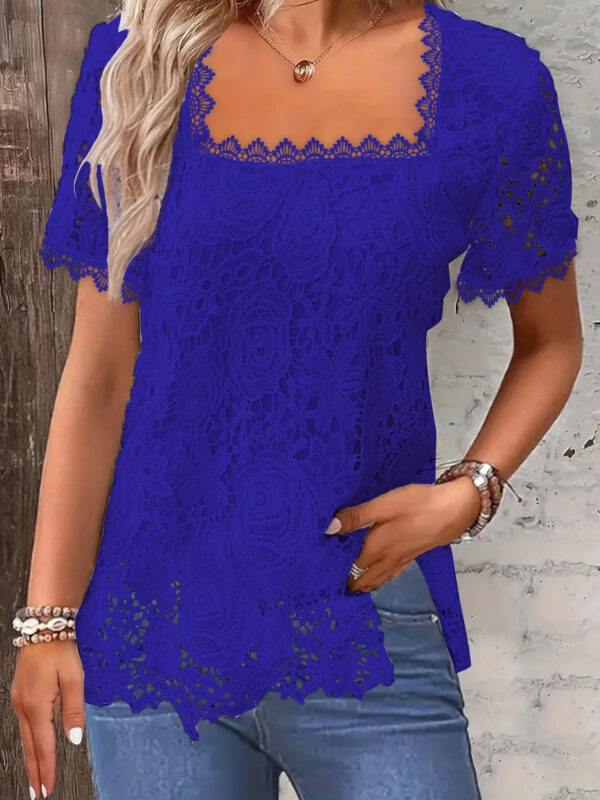 European And American Fashion Women's Wear Short-sleeved Lace Top Solid Color T-shirt - Image 9